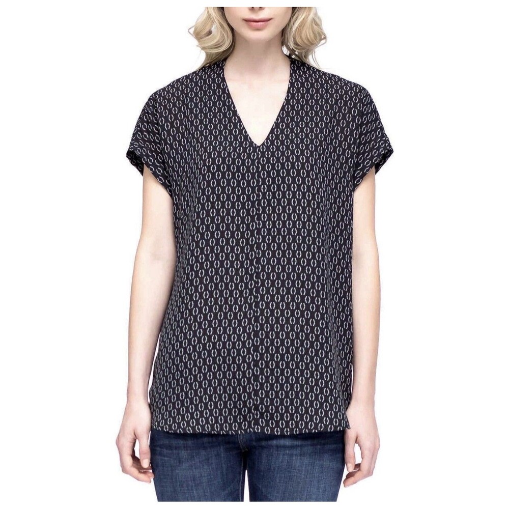 Pleione Ladies' Short Sleeve Blouse, Black/Comma Print, Size Large